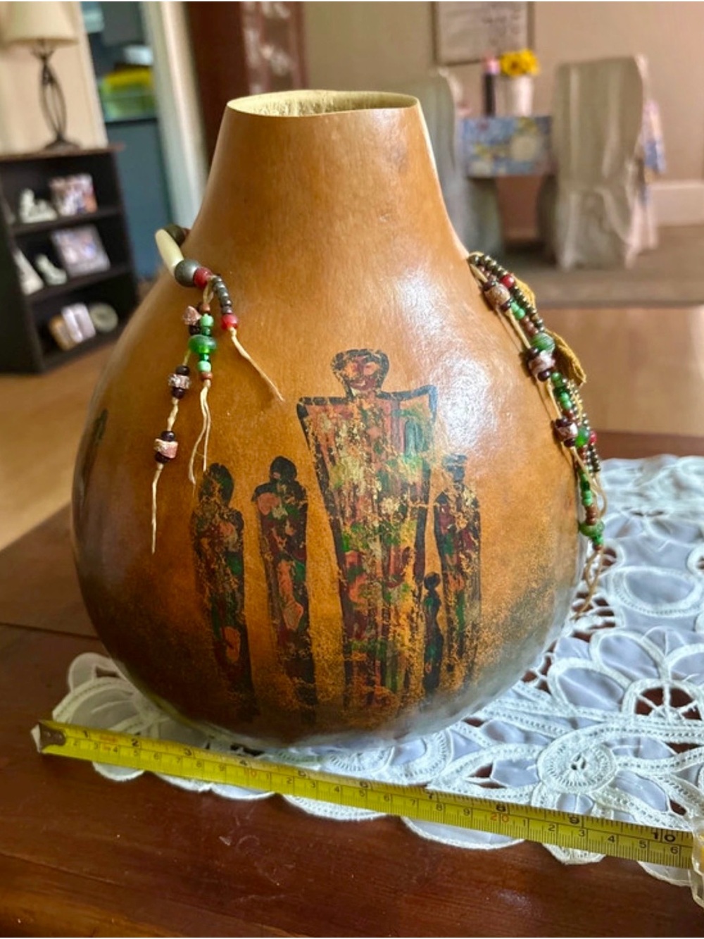 Handcrafted Brown Decorative Gourd Vase with Beaded Accent